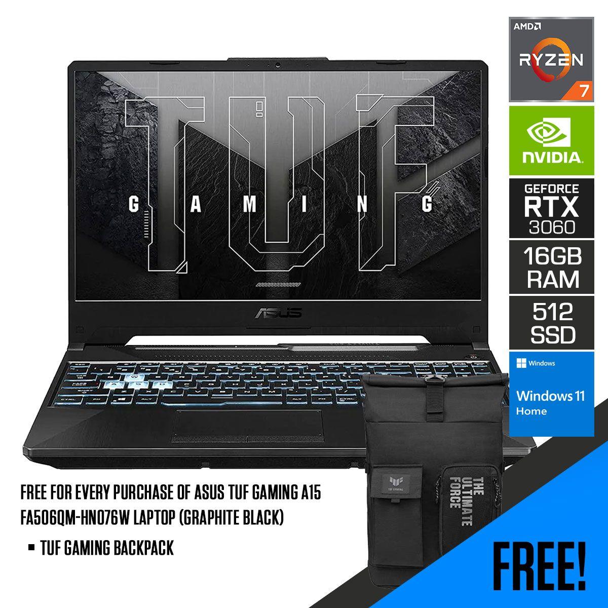 ASUS TUF Gaming A15 FA506QM-HN076W Laptop (Graphite Black) | 15.6” FHD | AMD Ryzen™ 7 5800H | 16GB DDR4 | 512GB SSD | RTX™ 3060 | Windows 11 Home | TUF Gaming Backpack