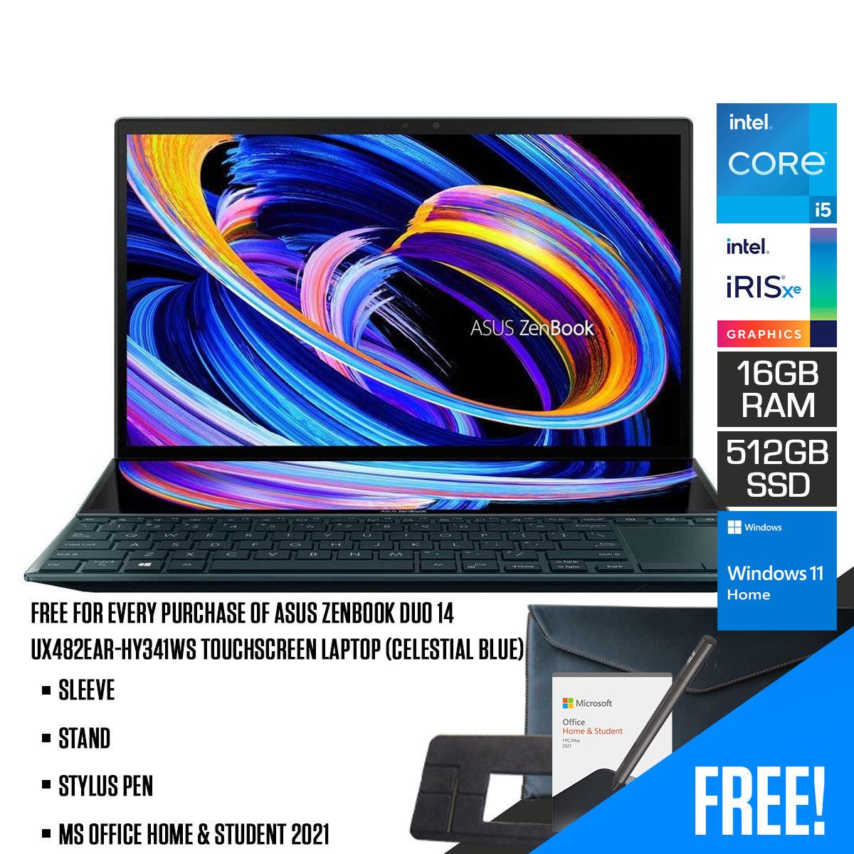Asus Zenbook Duo 14 UX482EAR-HY341WS Touchscreen Laptop (Celestial Blue) | 14" FHD | i5-1155G7 | 16GB LPDDR4X | 512GB SSD | Iris Xᵉ Graphics | Windows 11 Home | MS Office H&S 2021 | Sleeve | Stand | Stylus Pen