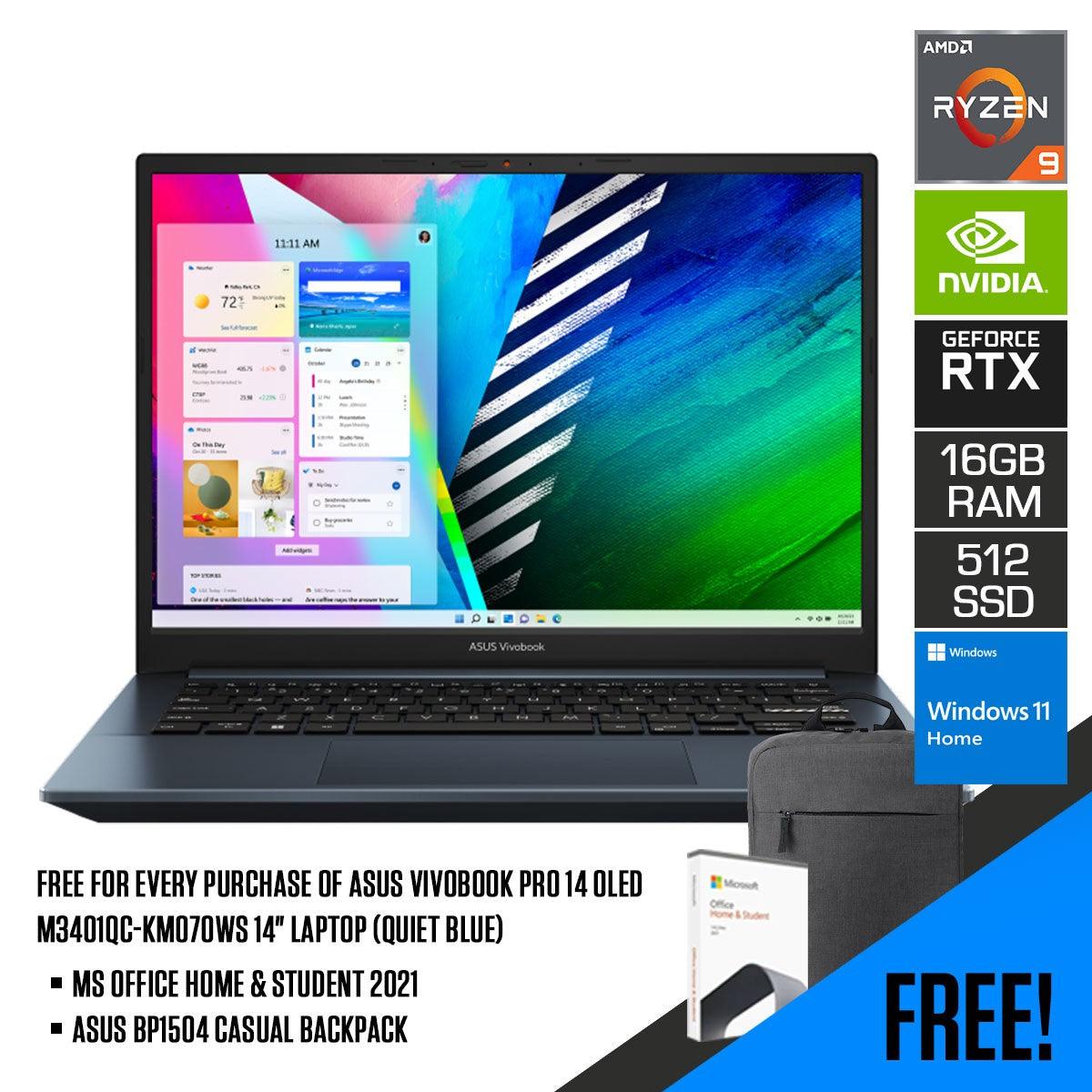 ASUS Vivobook Pro 14 OLED M3401QC-KM070WS Laptop (Quiet Blue) | 14" OLED | RTX™ 3050 | Windows 11 Home | MS Office Home & Student 2021 | ASUS BP1504 Casual Backpack