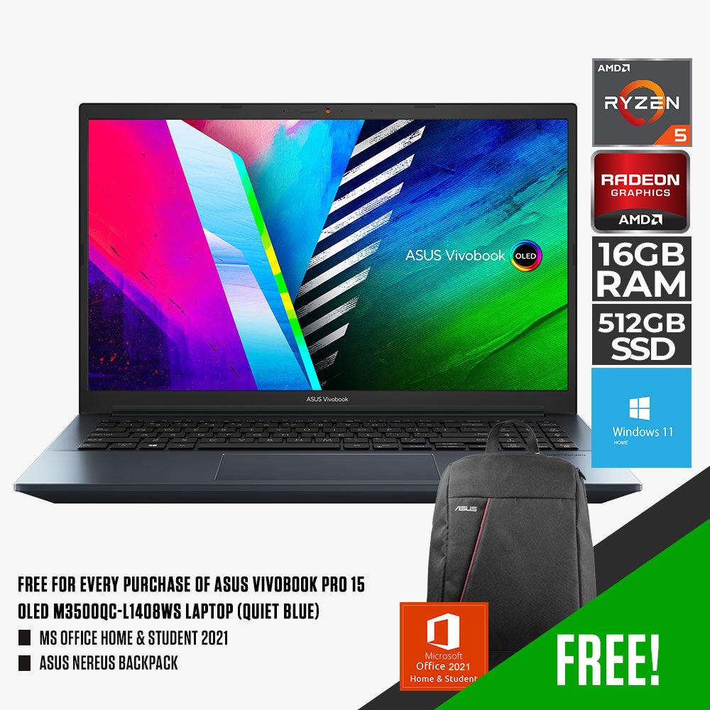 ASUS VIVOBOOK PRO 15 OLED M3500QC-L1408WS LAPTOP (QUIET BLUE) | 15.6" FHD | RYZEN™ 5 5600H | 16GB DDR4 | 512GB SSD | AMD RADEON | WIN 11 + MS OFFICE HOME & STUDENT 2021 W/ ASUS NEREUS BACKPACK