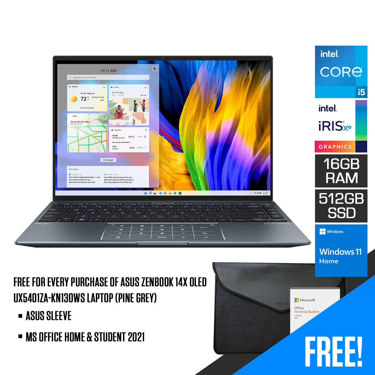 Asus Zenbook 14X OLED UX5401ZA-KN130WS Laptop (Pine Grey) | 14" 2.8K | i5-12500H | 16GB RAM | 512GB SSD | Intel Iris Xᵉ Graphics | Windows 11 Home | MS Office Home & Student 2021 | Asus Sleeve