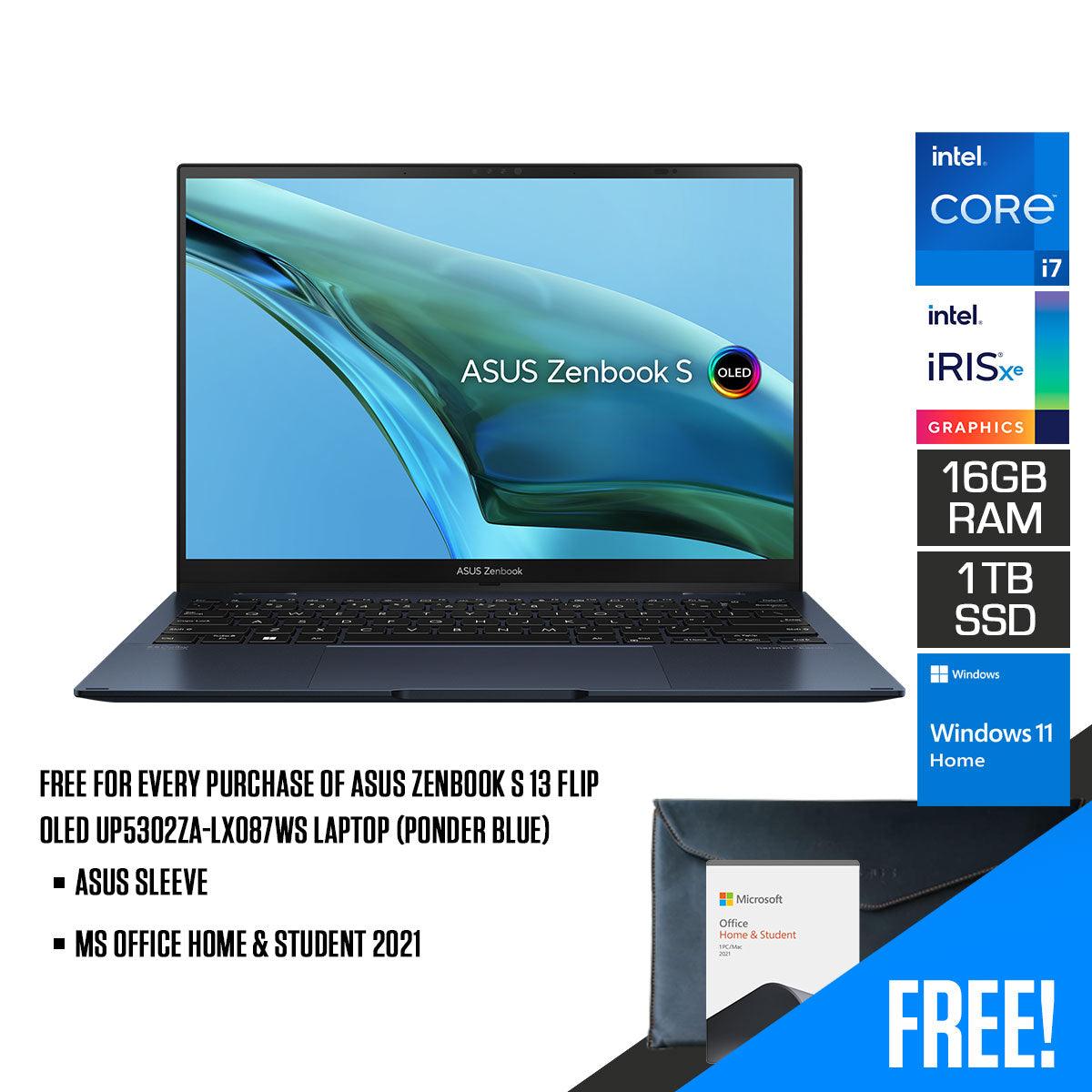 Asus Zenbook S 13 Flip Oled UP5302ZA-LX087WS Laptop (Ponder Blue) | 13.3" WQXGA | i7-1260P | 16GB LPDDR5 | 1TB SSD | Intel® Iris Xe Graphics | Windows 11 Home | MS Office H&S 2021 | Asus Sleeve
