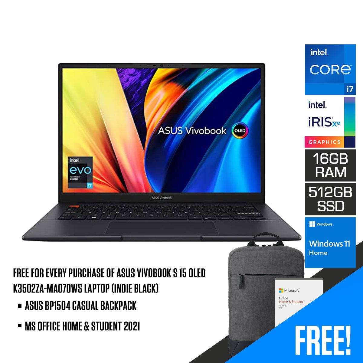 Asus Vivobook S 15 OLED K3502ZA-MA070WS Laptop (Indie Black) | 15.6" 2.8K | i7-12700H | 16GB RAM | 512GB SSD | Intel® Iris Xe Graphics | Windows 11 Home | MS Office Home & Student 2021 | Asus BP1504 Casual Backpack
