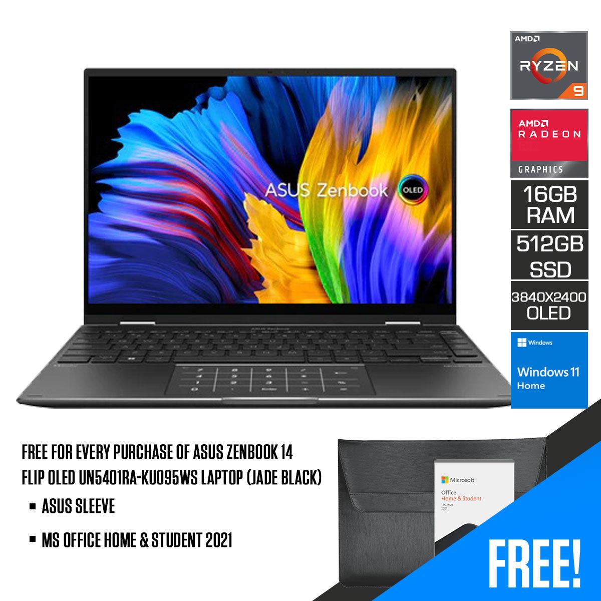 Asus Zenbook 14 Flip OLED UN5401RA-KU095WS Laptop (Jade Black) | 14" 4K (3840 x 2400) OLED | Ryzen™ 9 6900HX | 16GB LPDDR5 RAM | 512GB SSD | AMD Radeon™ Graphics | Windows 11 Home | MS Office Home & Student 2021 | Asus Sleeve