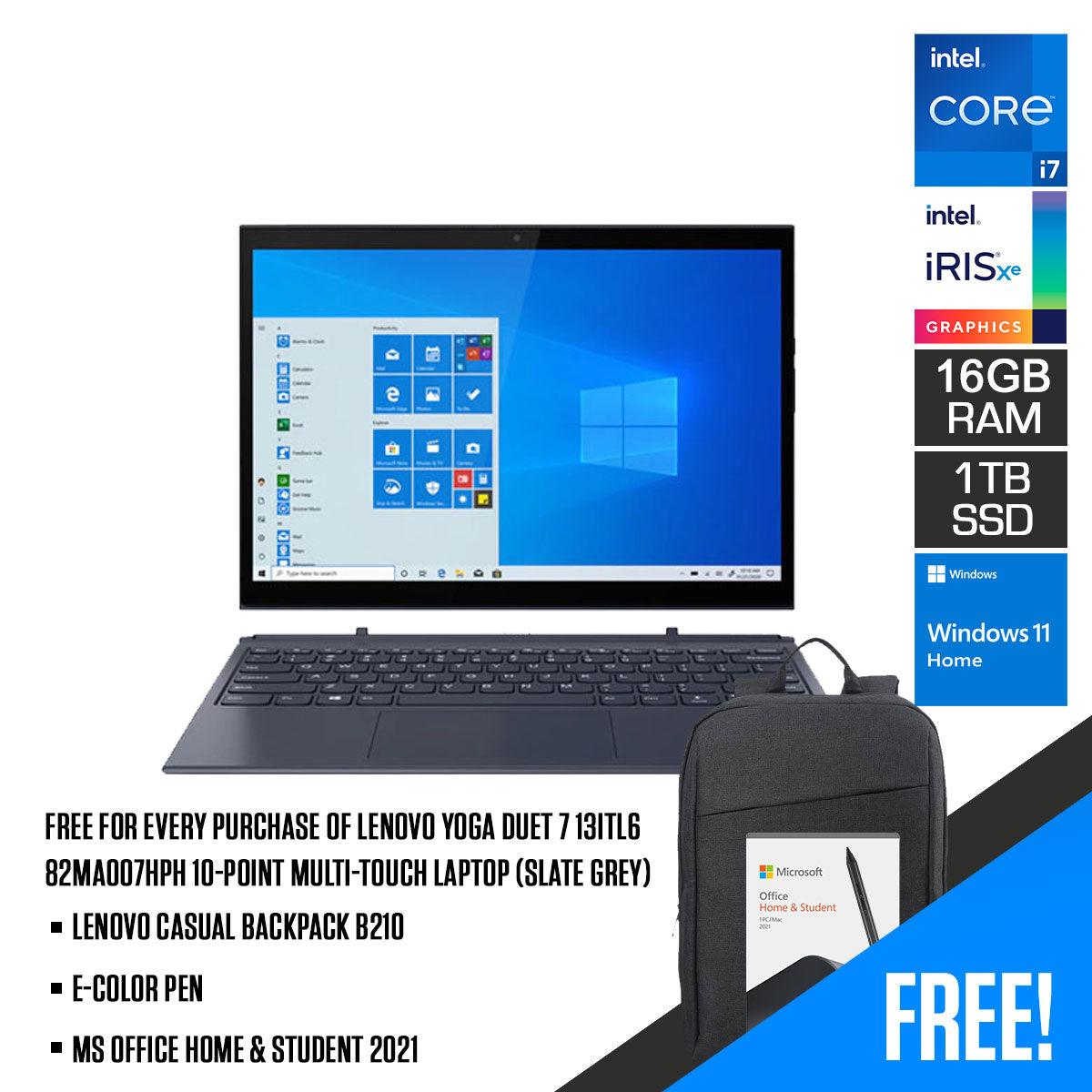 Lenovo Yoga Duet 7 13ITL6 82MA007HPH 10-Point Multi-Touch Laptop (Slate Grey) | 13” 2K | i7-1165G7 | 16 GB DDR4 | 1 TB SSD | Iris Xe Graphics | Windows 11 Home | MS Office H&S 2021 | E-Color Pen | Lenovo Backpack B210