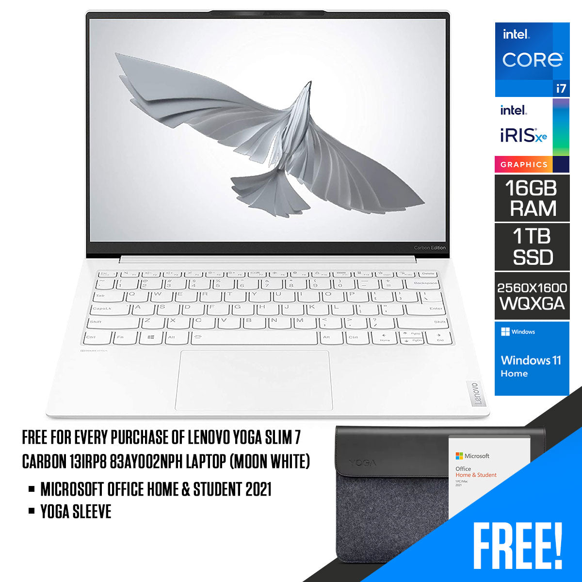 Lenovo Yoga Slim 7 Carbon 13IRP8 83AY002NPH Laptop (Moon White) | 13.3″ 2.5K (2560x1600) | i7 1360P | 16GB RAM | 1TB SSD | Intel Iris Xe Graphics | Windows 11 Home | MS Office Home & Student 2021 | Yoga Sleeve