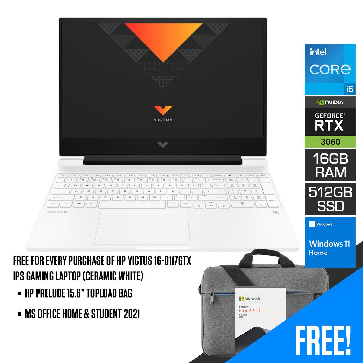 HP Victus 16-D1176TX IPS Gaming Laptop (Ceramic White) | 16.1" FHD | i5-12500H | 16 GB DDR5 | 512 GB SSD | RTX™ 3060 | Windows 11 | MS Office Home & Student 2021 | HP Prelude 15.6” Topload Bag