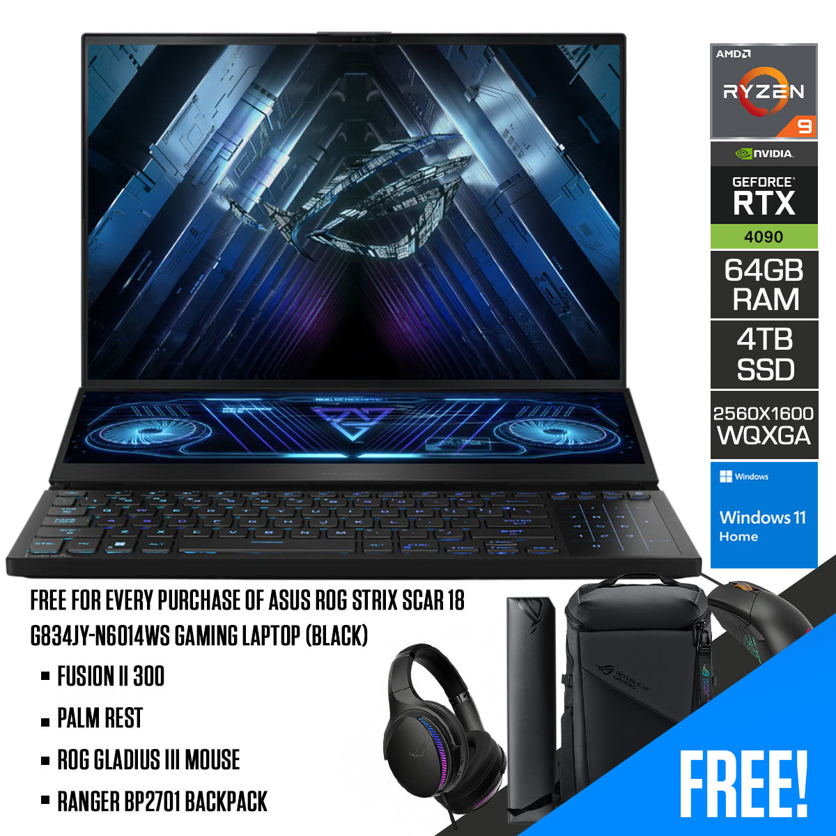 Asus ROG Zephyrus Duo 16 GX650PY-NM044WS Gaming Laptop (Black) | 16" QHD+ (2560x1600 WQXGA) | Ryzen 9 7945HX | 64GB RAM | 4TB SSD | RTX 4090 | Windows 11 Home | Fusion II 300 Palm Rest | ROG Gladius III Mouse | Ranger BP2701 Backpack