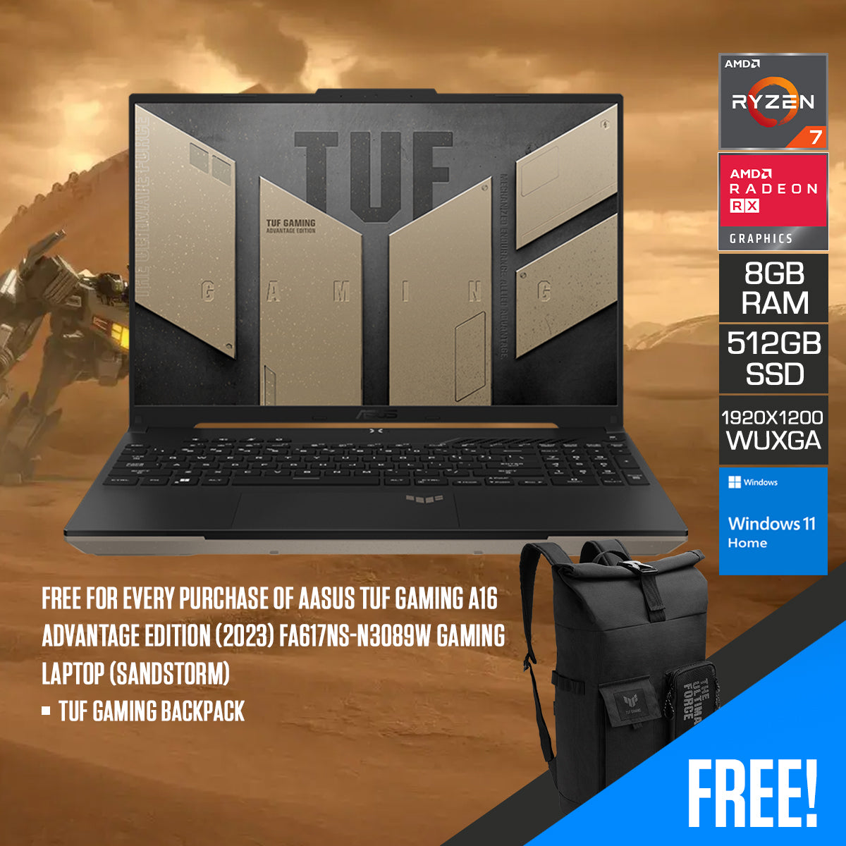 Asus TUF Gaming A16 Advantage Edition (2023) FA617NS-N3089W Gaming Laptop (Sandstorm) | 16" WUXGA 165Hz (1920x1200) | Ryzen 7 7735HS | 8GB RAM | 512GB SSD | AMD Radeon RX 7600S | Windows 11 Home | TUF Gaming Backpack
