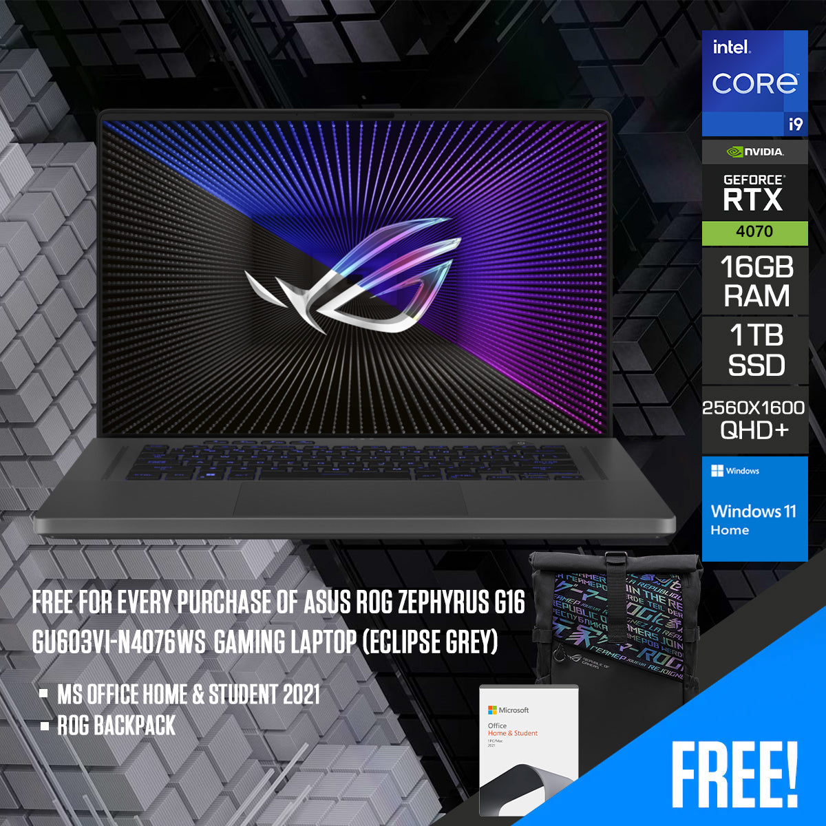 Asus ROG Zephyrus G16 GU603VI-N4076WS Gaming Laptop (Eclipse Grey) | 16" QHD+ (2560x1600) 240Hz | i9-13900H | 16GB RAM | 1TB SSD | RTX 4070 | Windows 11 Home | MS Office Home & Student 2021 | ROG Backpack