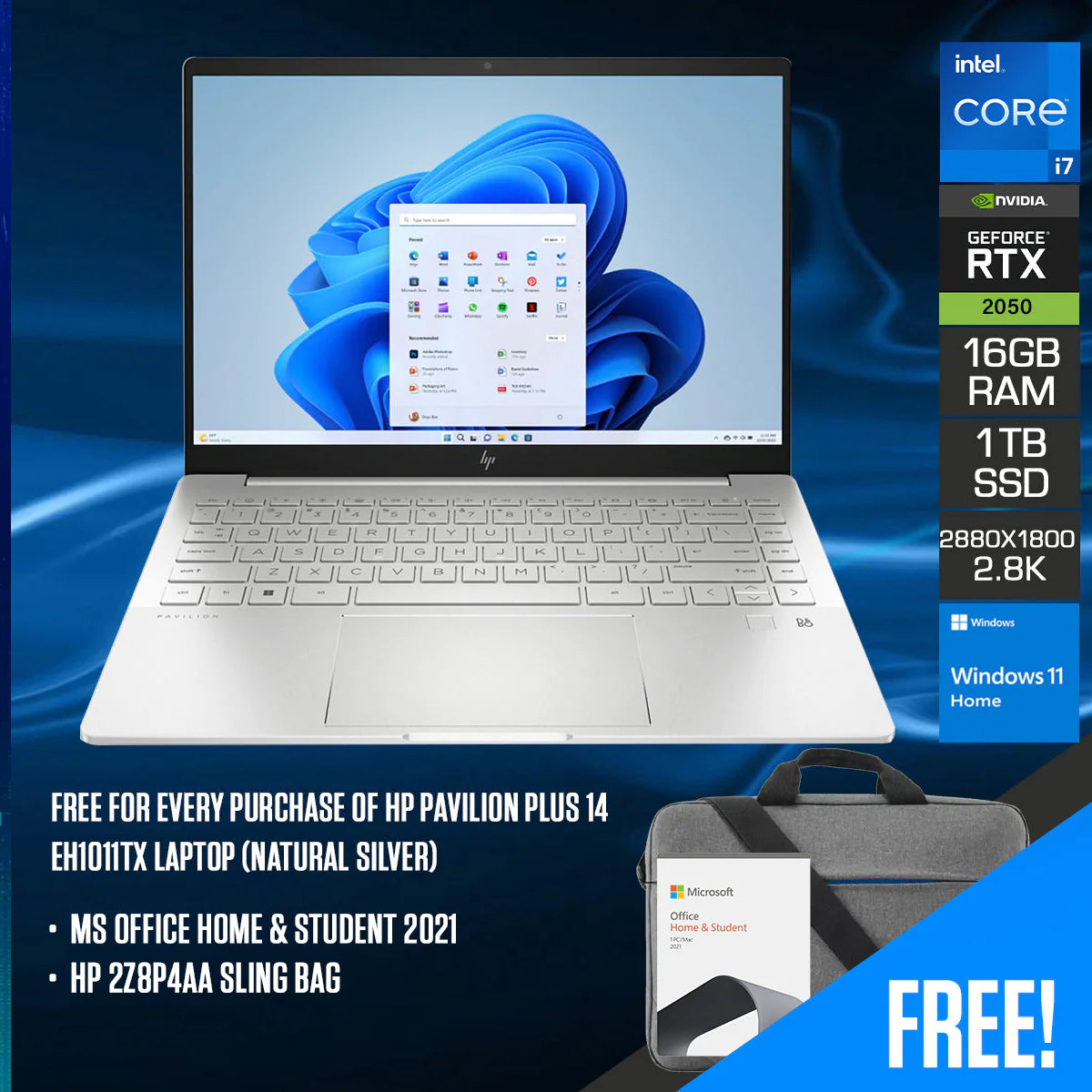 HP Pavilion Plus 14-EH1011TX Laptop (Natural Silver) | 14” OLED (2880x1800) | i7-1335U | 16GB RAM | 512GB SSD | RTX 2050 | Windows 11 Home | MS Office Home & Student 2021 | HP 2Z8P4AA Sling Bag