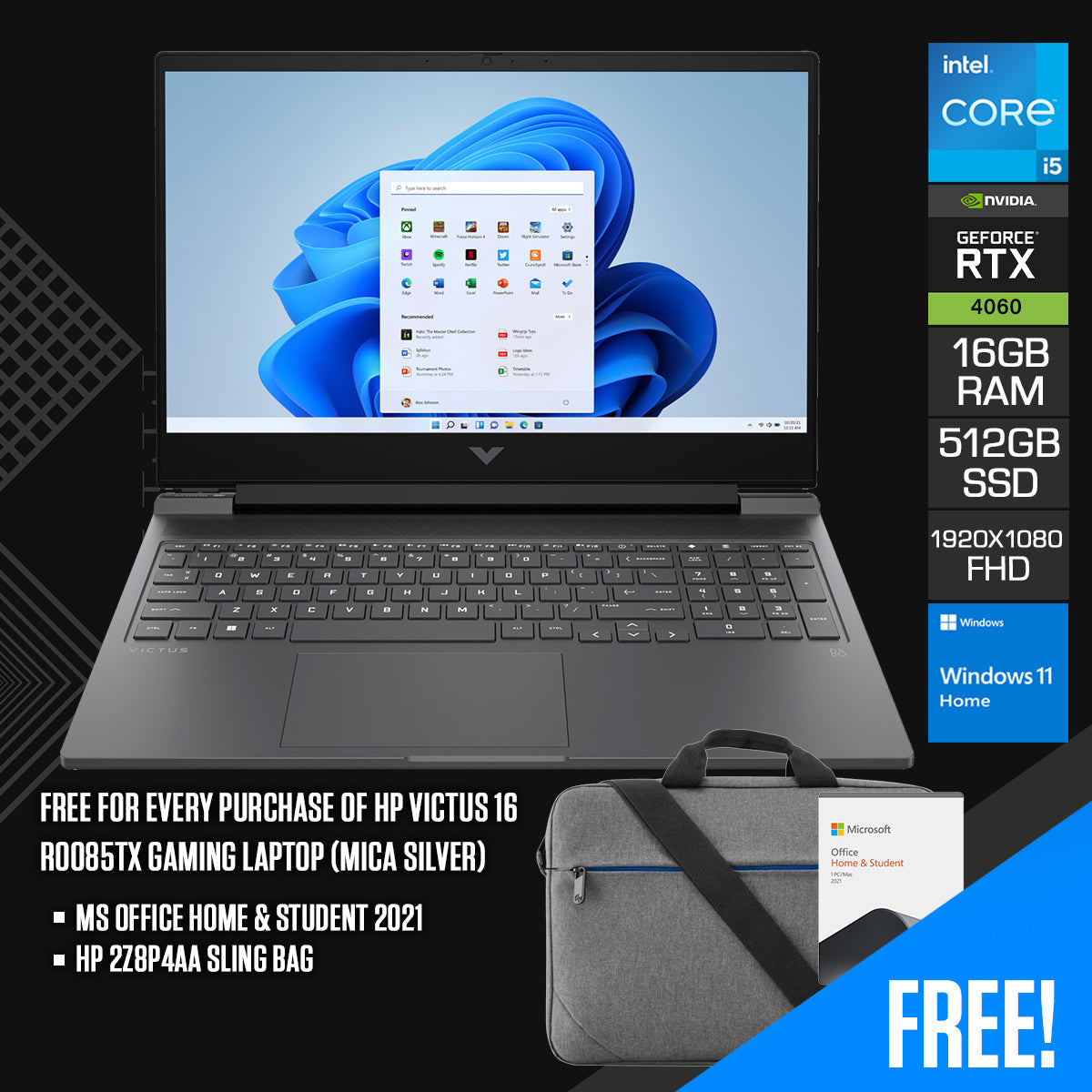 HP Victus 16-R0085TX Gaming Laptop (Mica Silver) | 16.1” FHD (1920x1080) 144Hz | i5-13500HX | 16GB RAM | 512 GB SSD | RTX™ 4060 | Windows 11 Home | MS Office Home & Student 2021 | HP 2Z8P4AA Sling Bag