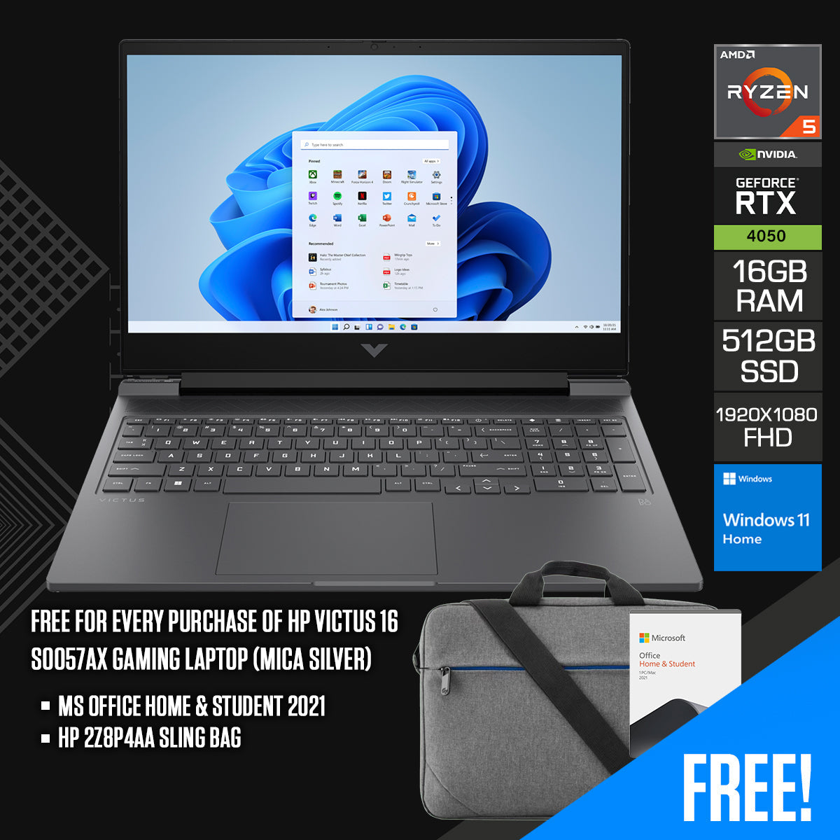 HP Victus 16-S0057AX Gaming Laptop (Mica Silver) | 16.1” FHD (1920x1080) 144Hz | Ryzen 5 7640HS | 16GB RAM | 512 GB SSD | RTX™ 4050 | Windows 11 Home | MS Office Home & Student 2021 | HP 2Z8P4AA Sling Bag