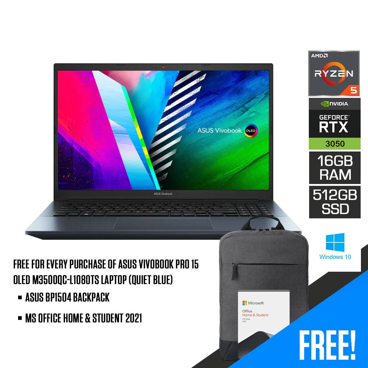 ASUS Vivobook Pro 15 OLED M3500QC-L1080TS Laptop (Quiet Blue) | 15.6" FHD | 16GB DDR4 | 512GB SSD | RTX™ 3050 | Windows 10 Home | MS Office Home & Student 2021 | ASUS BP1504 Casual Backpack
