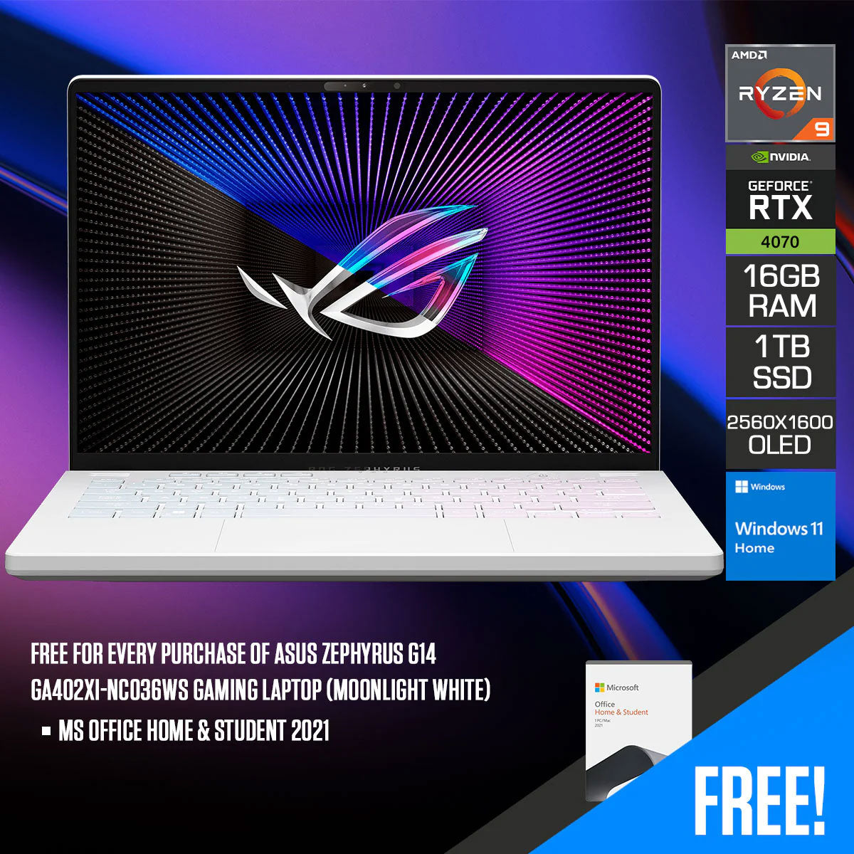 Asus Zephyrus G14 GA402XI-NC036WS Gaming Laptop (Moonlight White) 14" WQXGA Mini Led 165HZ R9-7940HS 1TB PCIE4 SSD 8GB GDDR6 + 16GB X 2 RTX 4070 Win 11 Home MS Office Home & Student 2021