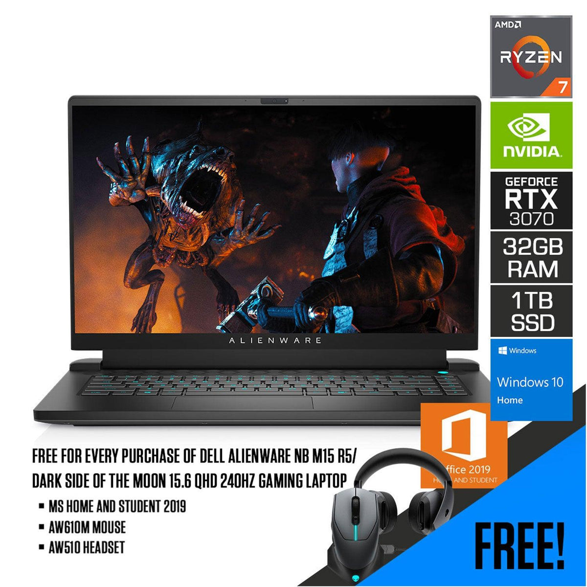 DELL Alienware NB M15 R5/ Dark Side of the Moon Gaming Laptop | 15.6" QHD | R7 5800H | 32GB | 1TB SSD | RTX3070 | WIN10 | MS Office Home and Student 2019 | AW610M Mouse | AW510 Headset
