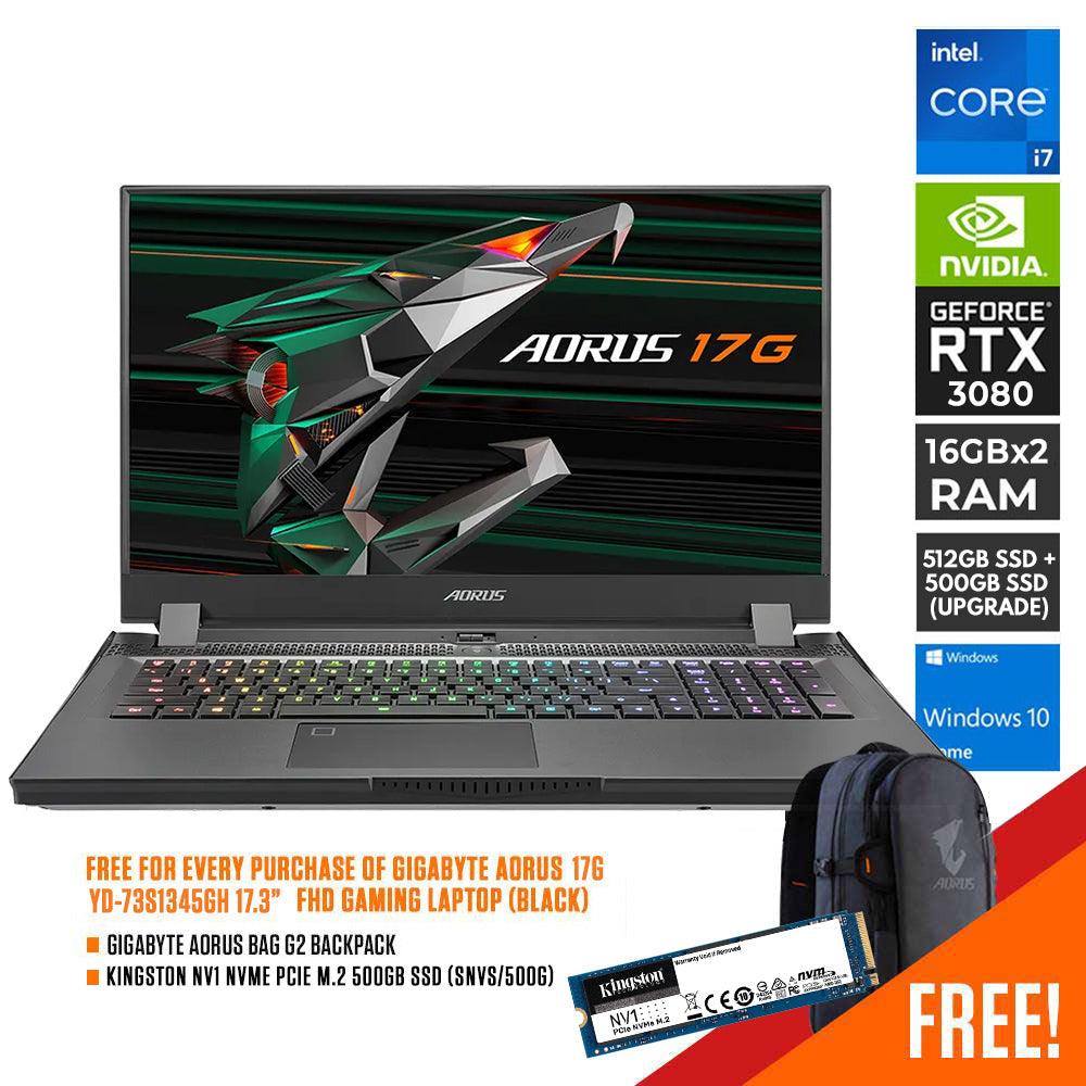 GIGABYTE AORUS 17G YD-73S1345GH 300HZ GAMING LAPTOP (BLACK) | 17.3" FHD | i7-11800h | 32 GB DDR4 | 512GB SSD | RTX 3080 | WIN10 + GIGABYTE AORUS G2 BACKPACK (BLACK) + KINGSTON NV1 NVME PCIE M.2 500GB SSD (SNVS/500G) UPGRADE