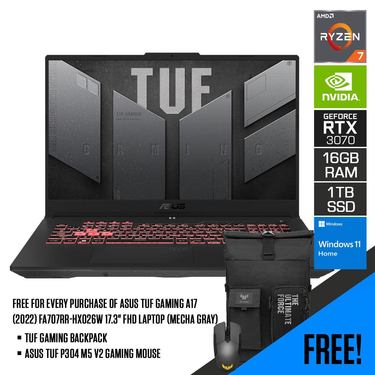 ASUS TUF Gaming A17 (2022) FA707RR-HX026W Laptop (Mecha Grey) | 17.3” FHD | AMD Ryzen™ 7 6800H | 16GB DDR5 | 1TB SSD | RTX™ 3070 | Windows 11 Home | TUF GAMING Backpack | ASUS TUF P304 M5 V2 Gaming Mouse