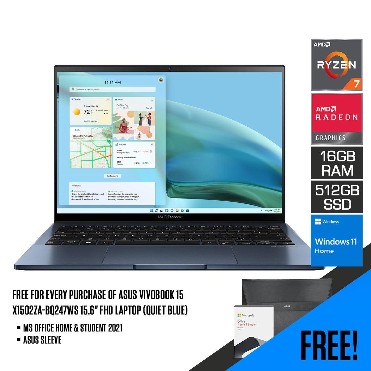 Asus Zenbook S 13 OLED UM5302TA-LV396WS Laptop (Ponder Blue) | 13.3” FHD | Ryzen 7 6800U | 16GB RAM | 512GB M.2 SSD | AMD Radeon™ Graphics | Windows 11 Home | MS Office Home & Student 2021 | Asus Sleeve