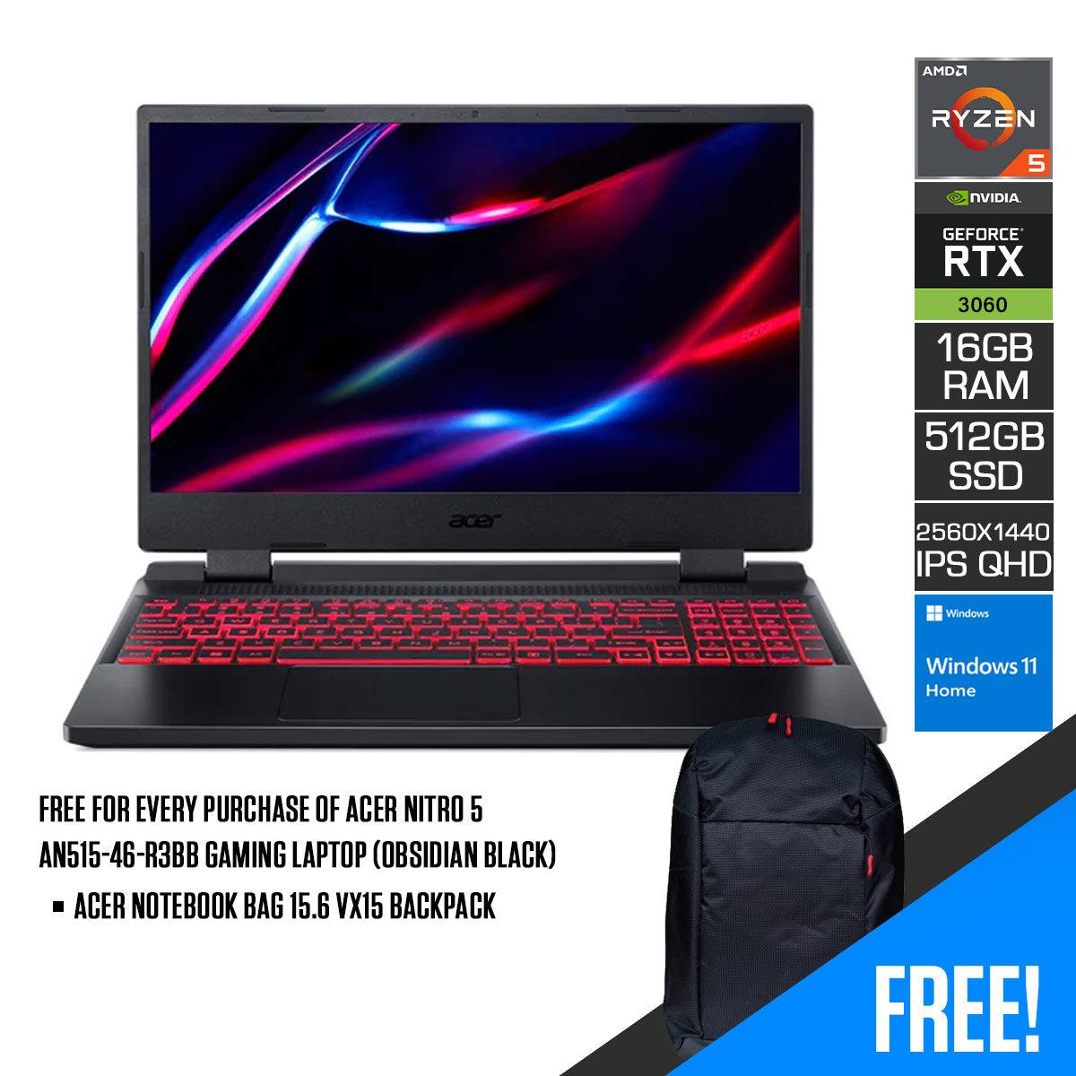 Acer Nitro 5 AN515-46-R3BB Gaming Laptop (Obsidian Black) | 15.6” QHD IPS 2560 x 1440 | Ryzen 5 6600H | 16GB RAM | 512GB SSD | RTX 3060 | Windows 11 Home | Acer Notebook Bag 15.6 VX15 Backpack
