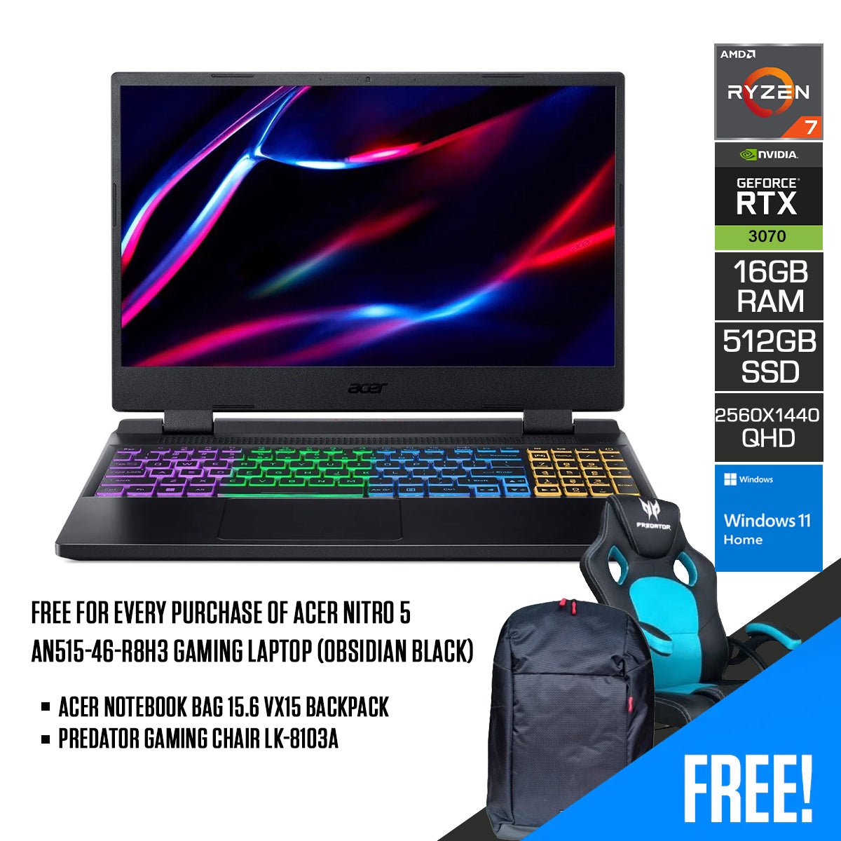 Acer Nitro 5 AN515-46-R8H3 Gaming Laptop (Obsidian Black) | 15.6” QHD IPS | Ryzen 7 6800H | 16GB RAM | 512GB SSD | RTX 3070 | Windows 11 Home | Acer Notebook Bag 15.6 VX15 Backpack | Predator Gaming Chair LK-8103A