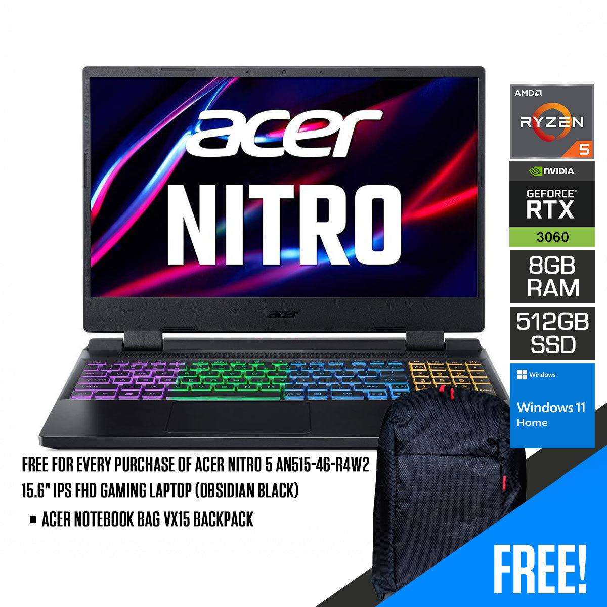 Acer Nitro 5 AN515-46-R4W2 Gaming Laptop (Obsidian Black) | 15.6" FHD | Ryzen™ 5 6600H | 8GB DDR5 | 512GB SSD | RTX 3060 | Windows 11 Home | Acer Notebook Bag 15.6 VX15 Backpack