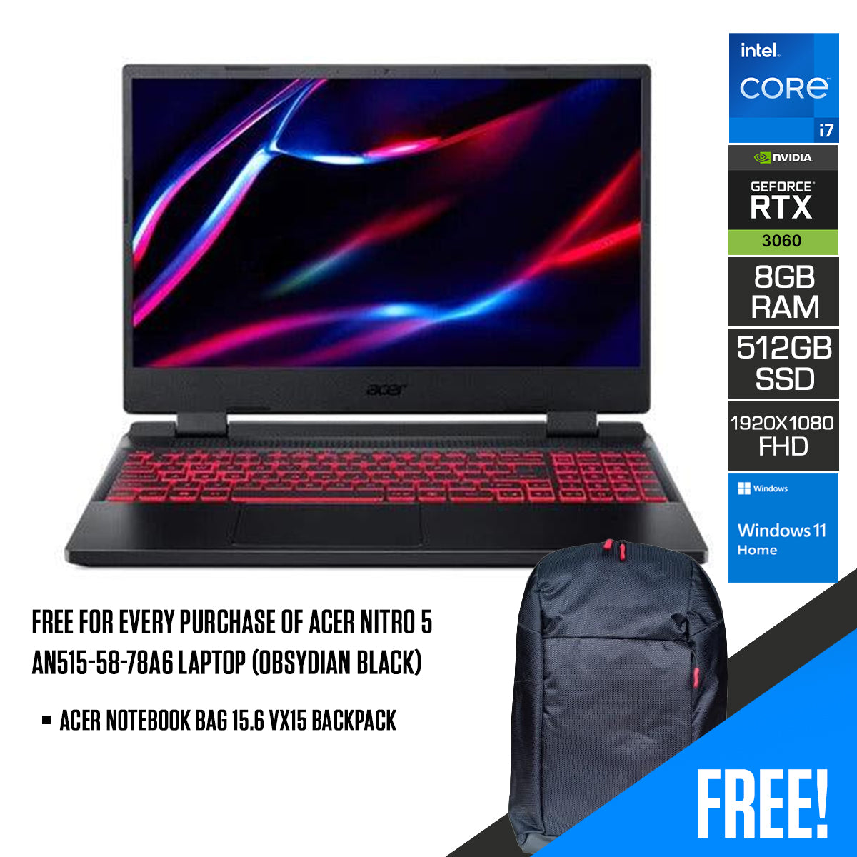 Acer Nitro 5 AN515-58-78A6 Laptop (Obsydian Black) | 15.6” FHD | i7-12700H | 8 GB DDR5 | 512 GB SSD | RTX 3060 | Windows 11 Home | Acer Notebook Bag 15.6 VX15 Backpack