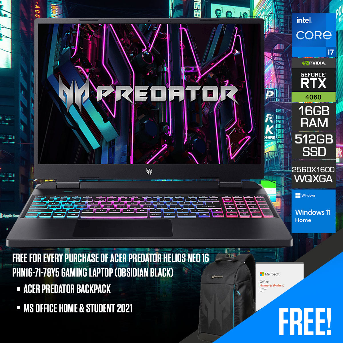 Acer Predator Helios Neo 16 PHN16-71-78Y5 Gaming Laptop (Obsidian Black) | 16" WQXGA 2560x1600 | IPS 165HZ | i7-13700HX | 16GB RAM | 512GB SSD | RTX 4060 | Windows 11 Home | MS Office Home & Student 2021 | Acer Predator Backpack