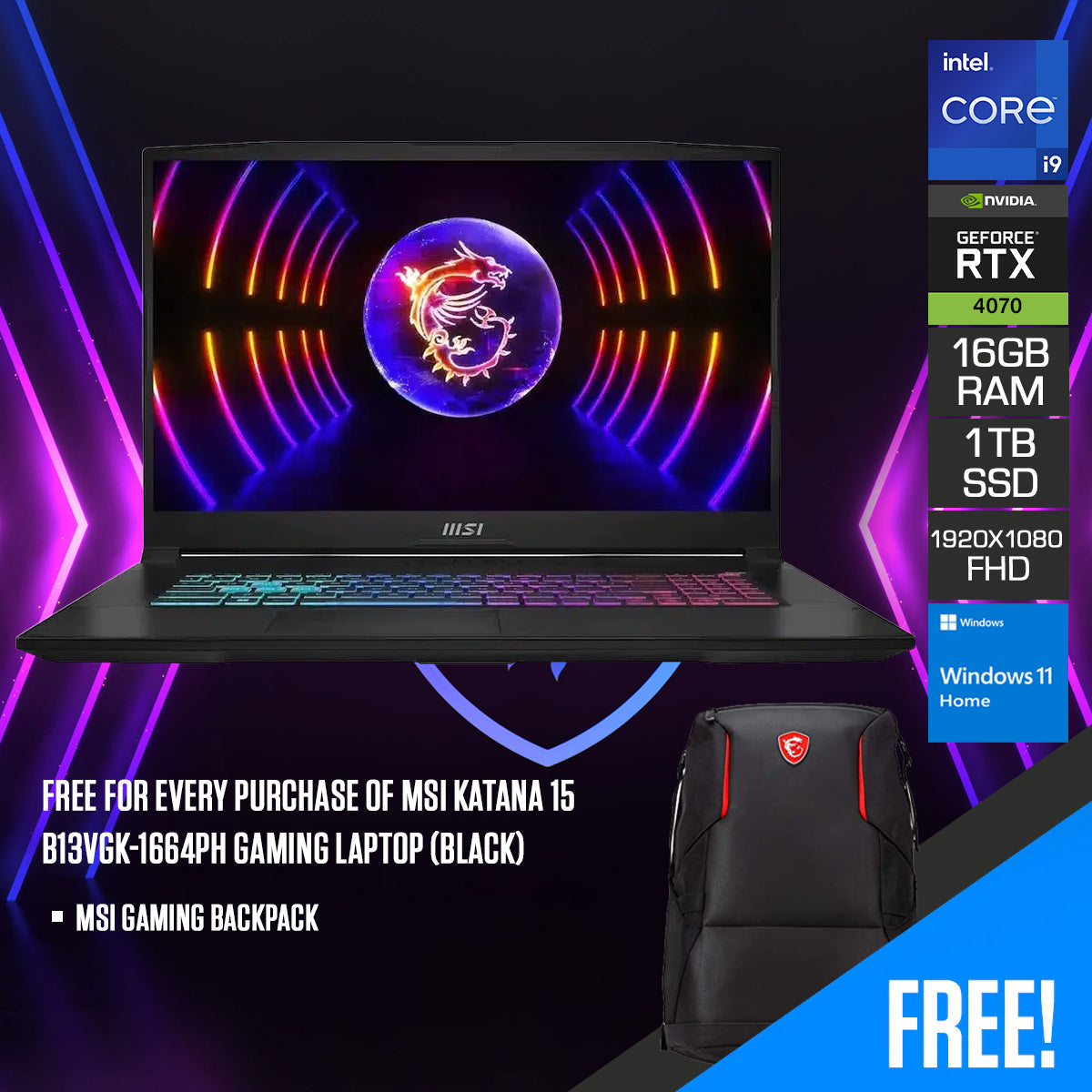 MSI Katana 15 B13VGK-1664PH Gaming Laptop (Black) | 15.6" FHD (1920x1080) 144Hz IPS | i9-13900H | 16GB RAM | 1TB SSD | RTX 4070 | Windows 11 Home | MSI Gaming Backpack