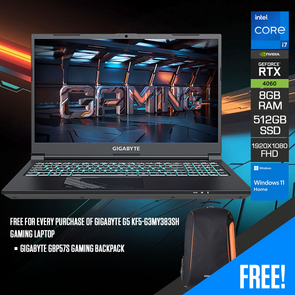 Gigabyte G5 KF5-G3MY383SH Gaming Laptop | 15.6" (1920x1080) 144HZ FHD | i7-12650H 4.7GHz | 8GB RAM (Max 64GB) | 512GB SSD | GeForce RTX 4060 | 15-Color Illuminated Full Size Keyboard w/ NumPad | Windows 11 Home | Gigabyte GBP57S Gaming Backpack