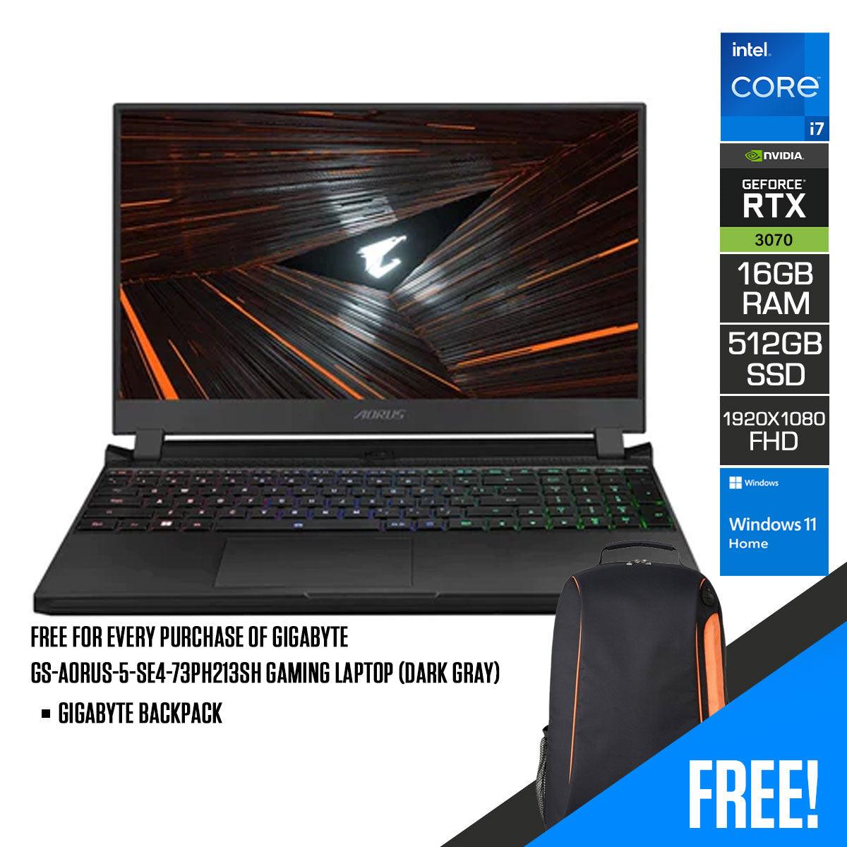 Gigabyte GS-AORUS-5-SE4-73PH213SH Gaming Laptop (Dark Gray) | 15.6" FHD | i7-12700H | 16GB DDR4 | 512GB SSD | RTX3070 | Windows 11 home + Gigabyte backpack