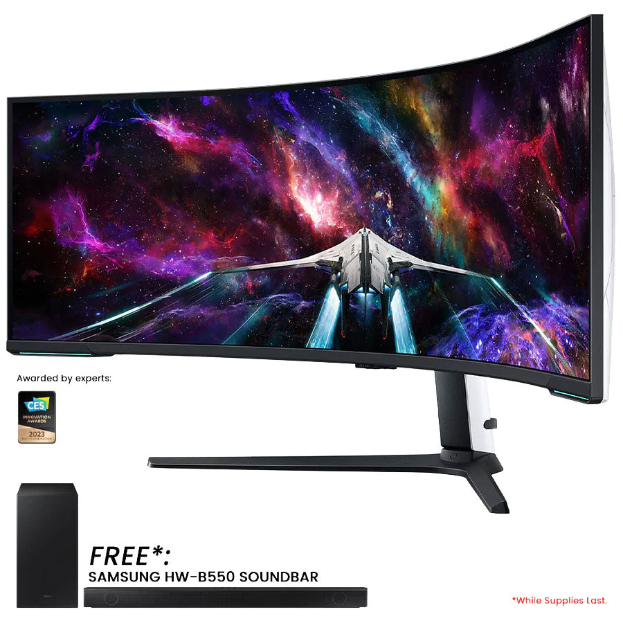 Samsung Odyssey Neo G9 (G95NC) LS57CG952NEXXP 57" 240Hz 1ms GTG 7680x2160 Dual UHD Quantum Mini-LED HDR 1000 Swivel, Tilt, Height-Adjust Curved Gaming Monitor + Samsung HW-B550 Soundbar (Black) Bundle