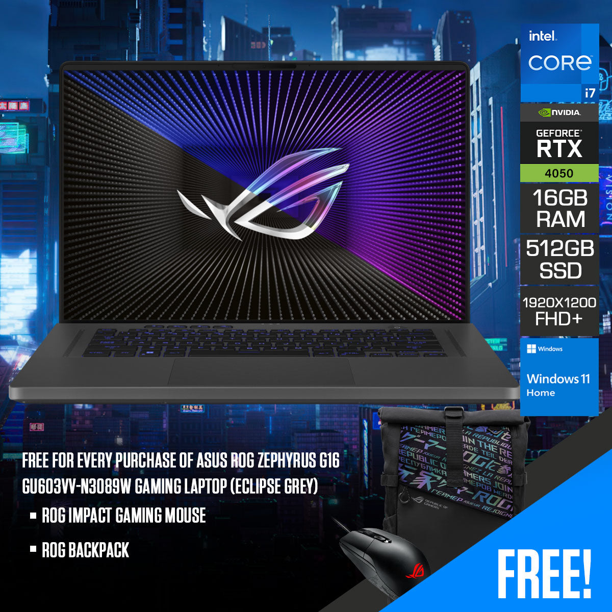 Asus ROG Zephyrus G16 GU603VV-N3089W Gaming Laptop (Eclipse Grey) | 16" FHD+ (1920X1200) 165HZ | I7-13620H | 16GB RAM | 512GB SSD | RTX 4060 | Windows 11 Home | ROG Backpack | ROG Impact Gaming Mouse