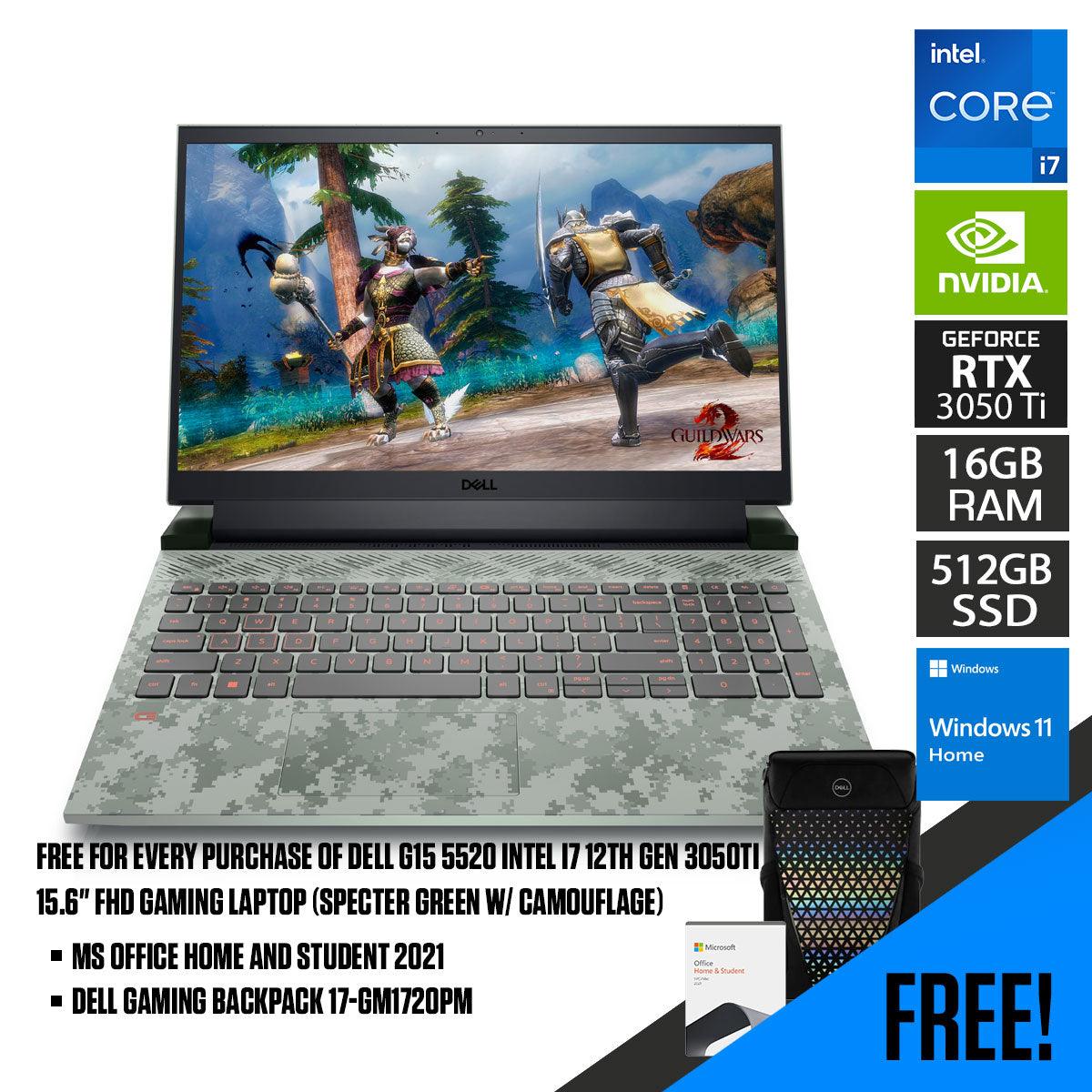 Dell G15 5520 Gaming Laptop (Specter Green With Camouflage) | 15.6” FHD | i7-12700H | 16GB RAM | 512GB SSD | RTX 3050 Ti | Windows 11 Home | MS Office H&S 2021 | Gaming Backpack 17-GM1720PM