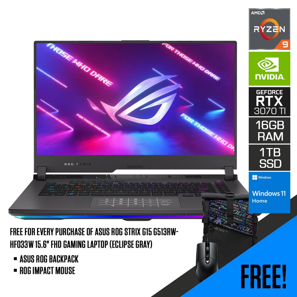 Asus ROG Strix G15 G513RW-HF033W Gaming Laptop (Eclipse Gray) | 15.6” FHD | Ryzen™ 9 6900HX | 16GB RAM DDR5 | 1TB M.2 SSD | RTX™ 3070 Ti | Windows 11 Home | MS Office Home & Student 2021 | ROG Backpack