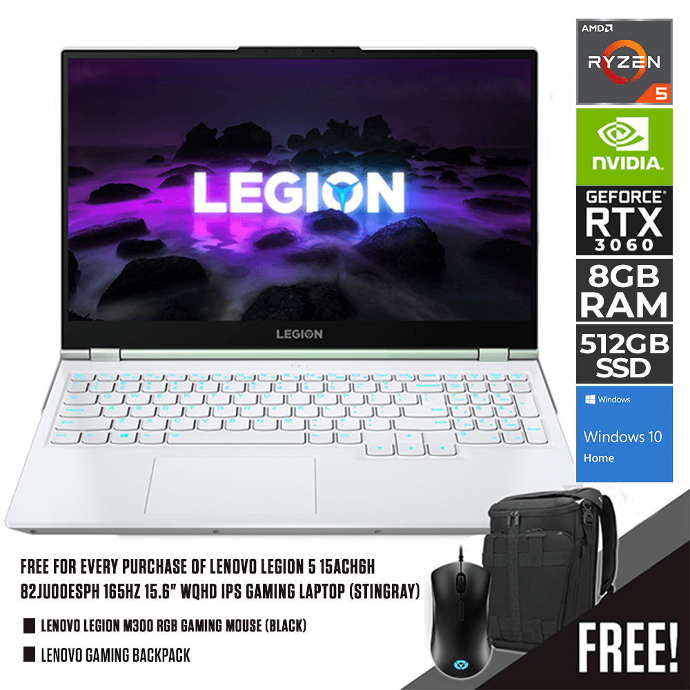 LENOVO LEGION 5 15ACH6H 82JU00ESPH GAMING LAPTOP (STINGRAY) | 15.6" WQHD | RYZEN 5 5600H | 8GB DDR4 | 512GB SSD | WIN10 + LENOVO LEGION M300 RGB GAMING MOUSE + LENOVO GAMING BACKPACK