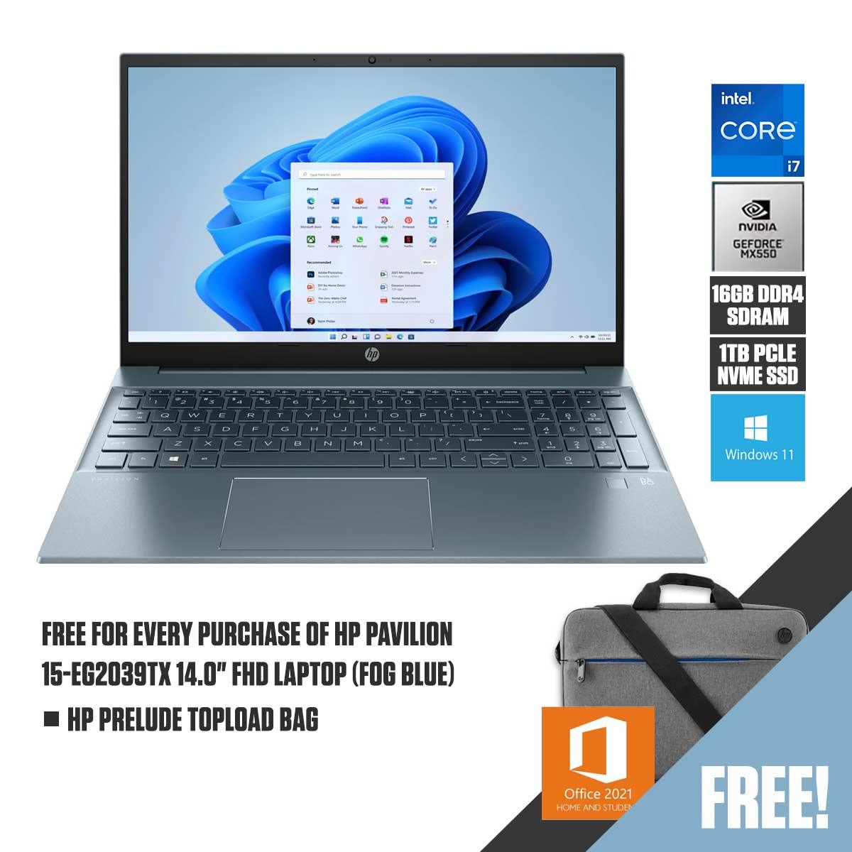 HP Pavilion 15-EG2039TX Laptop (Fob Blue) | 15.6” FHD | i7-1255U | 16GB RAM DDR4 | 1TB M.2 SSD | NVIDIA MX550 | Windows 11 Home | MS Office Home & Student 2021 | HP Prelude 15.6" Topload Bag