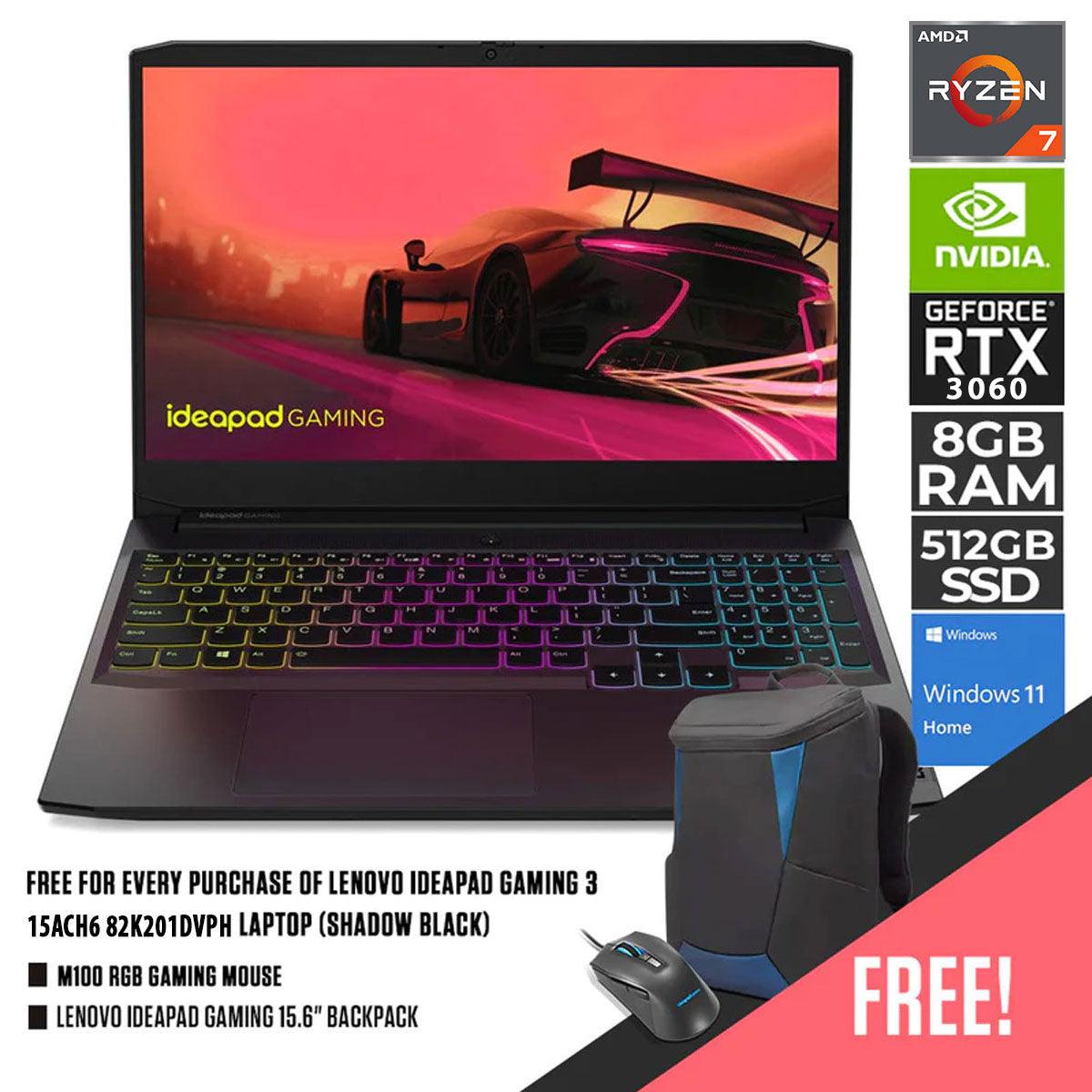 Lenovo Ideapad Gaming 3 15ACH6 82K201DVPH Laptop (Shadow Black) | 15.6” FHD | Ryzen 7 5800H | 8GB RAM DDR4 | 512GB SSD | RTX 3060 | Windows 11 Home | M100 RGB Gaming Mouse | Lenovo Ideapad Gaming 15.6” Backpack