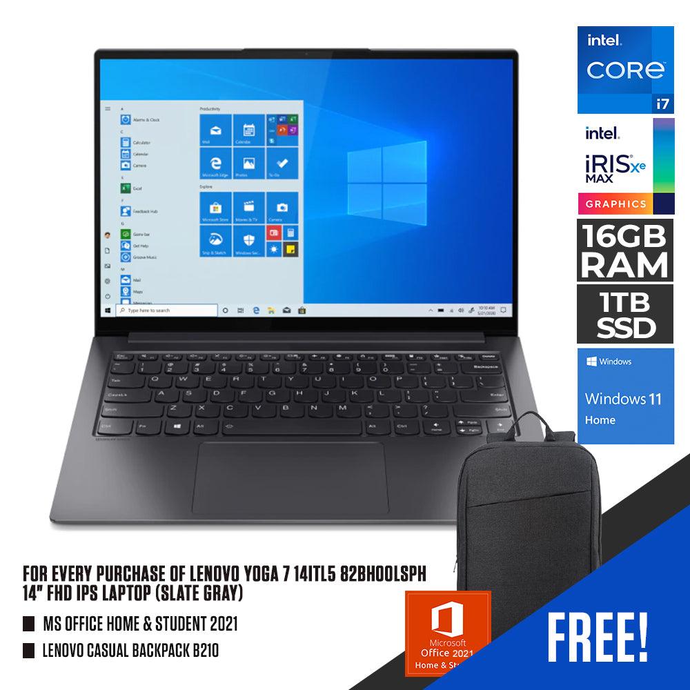 LENOVO YOGA 7 14ITL5 82BH00LSPH (SLATE GREY) | 14” FHD | Intel Core i7-1165G7| 16GB Soldered DDR4 |1TB SSD M.2 2280 PCIe | Intel Iris Xe Graphics | WIN 11 + MS OFFICE HOME & STUDENT 2021 + LENOVO 15.6” CASUAL BACKPACK B210