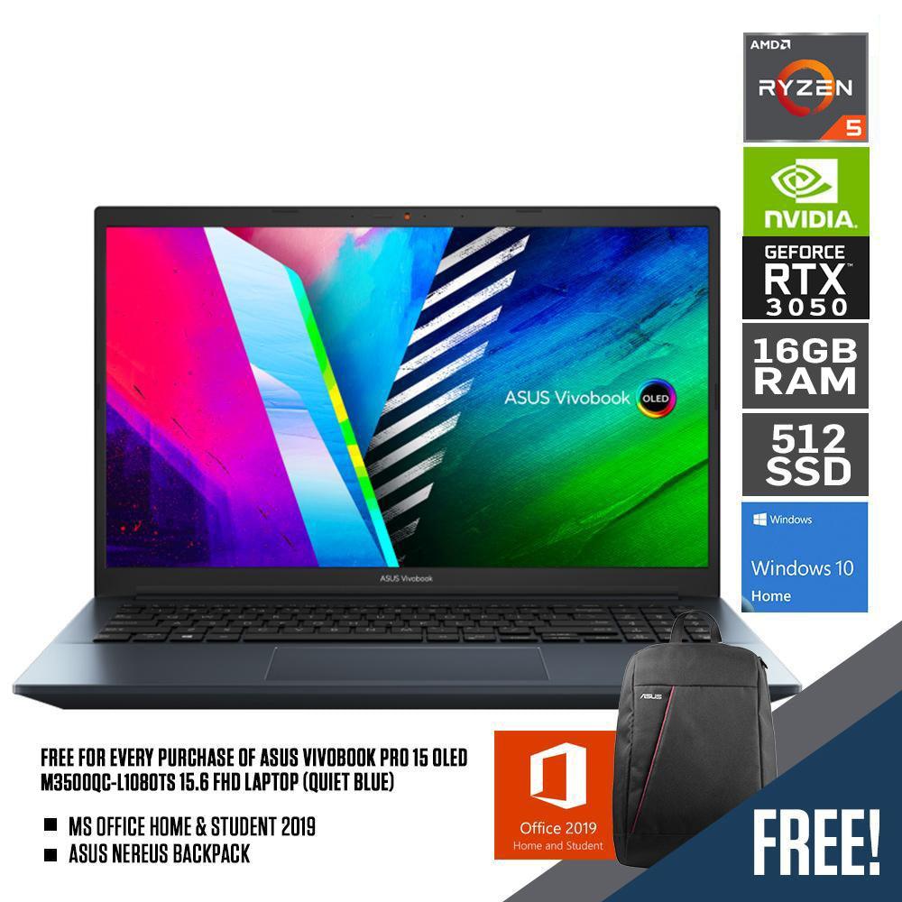 ASUS VIVOBOOK PRO 15 OLED M3500QC-L1080TS LAPTOP (QUIET BLUE) | 15.6" FHD | RYZEN 5 5600H | 16Gb DDR4 | 512GB SSD | RTX 3050 | WIN10 + MS OFFICE HOME & STUDENT 2019 + ASUS NEREUS BACKPACK (BLACK)