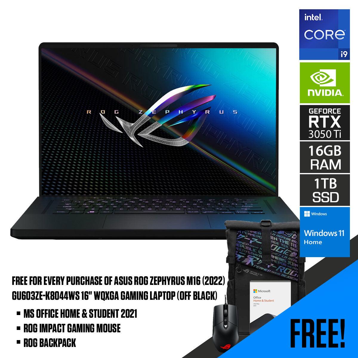 ASUS ROG Zephyrus M16 (2022) GU603ZE-K8044WS Gaming Laptop (Off Black) | 16” WQXGA | i9-12900H | 16GB DDR5 | 1TB SSD | RTX™ 3050 Ti | Windows 11 Home | MS Office H&S 2021 | ROG Backpack | ROG Impact Gaming Mouse