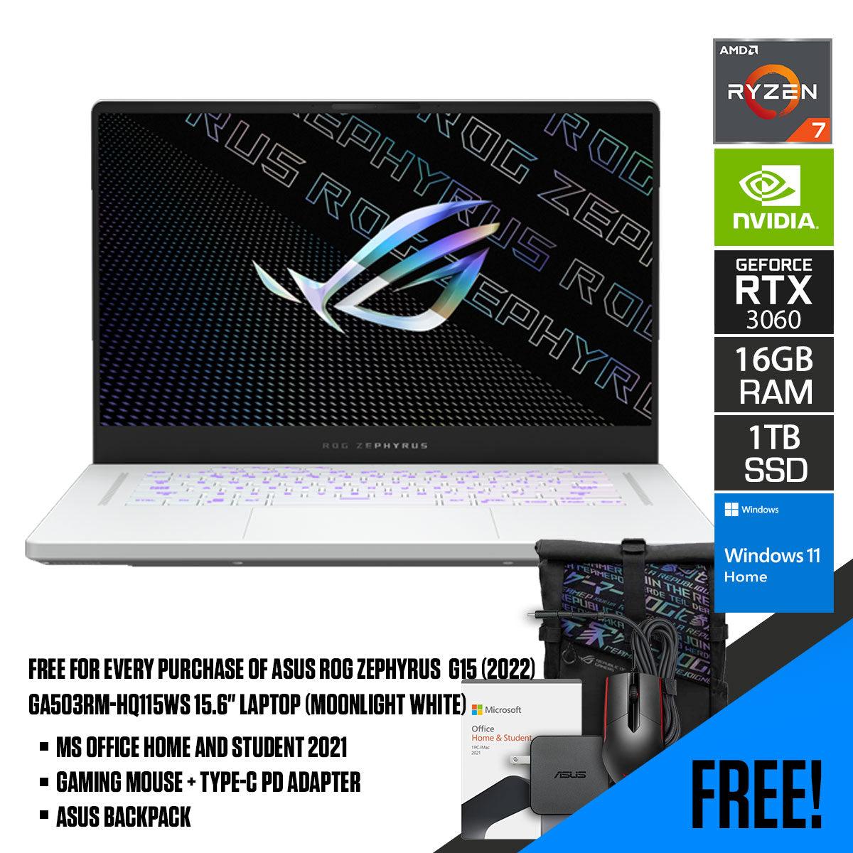 ASUS ROG Zephyrus G15 (2022) GA503RM-HQ115WS Laptop (Moonlight White) | 15.6" WQHD | Ryzen™ 7 6800HS | 16 GB DDR5 | 1 TB SSD | RTX™ 3060 | Windows 11 Home | MS Office H&S 2021 | Gaming Mouse | Backpack | Type-C PD Adapter