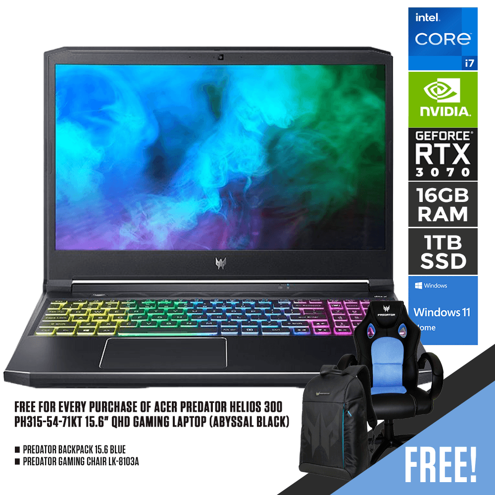ACER PREDATOR HELIOS 300 PH315-54-71KT GAMING LAPTOP (ABYSSAL BLACK) | 15.6" QHD | i7-11800H | 16 GB DDR4 | 1TB SSD | RTX3070 | WIN11 + PREDATOR BACKPACK BLUE + PREDATOR GAMING CHAIR LK-8103A