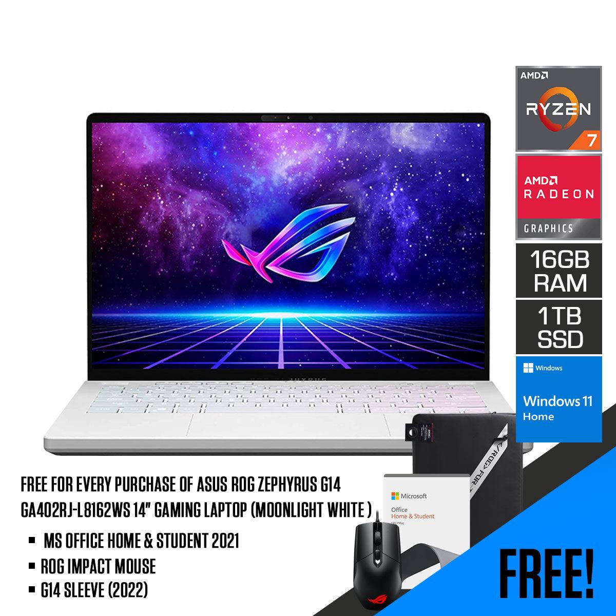 ASUS ROG Zephyrus G14 GA402RJ-L8162WS Gaming Laptop (Moonlight White Anime Matrix) | 14" QHD | Ryzen™ 7 6800HS | 16GB RAM | 1TB SSD | RX 6700S | Windows 11 Home | G14 Sleeve (2022) | ROG Impact Mouse