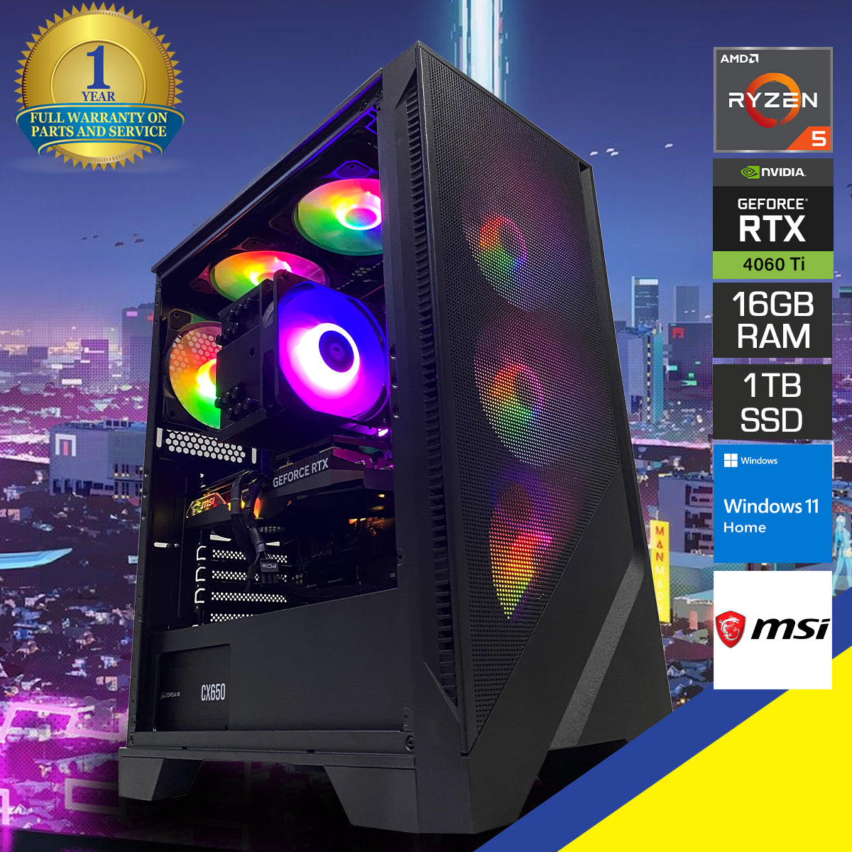 Aurora Forge 120A Desktop Gaming PC | AMD RYZEN 5 7500F | 16GB RAM | 1TB SSD | RTX 4060TI | Windows 11 Home
