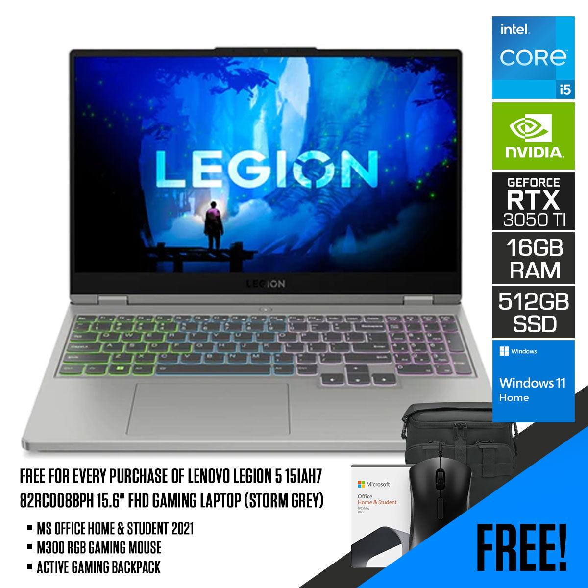 Lenovo Legion 5 15IAH7 82RC008BPH Gaming Laptop (Storm Grey) | 15.6" FHD | i5-12500H | 16GB RAM | 512GB SSD | RTX 3050 Ti | MS Office Home & Student 2021 | M300 RGB Gaming Mouse | Active Gaming Backpack