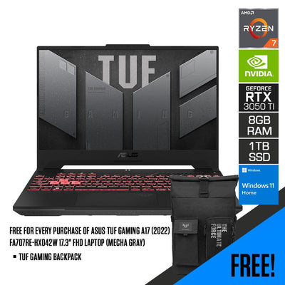 ASUS TUF Gaming A17 (2022) FA707RE-HX042W Laptop (Mecha Gray | 17.3” FHD | Ryzen 7 6800H | 8GB DDR5 | 1TB SSD | RTX 3050 Ti | Windows 11 Home | TUF Gaming Backpack
