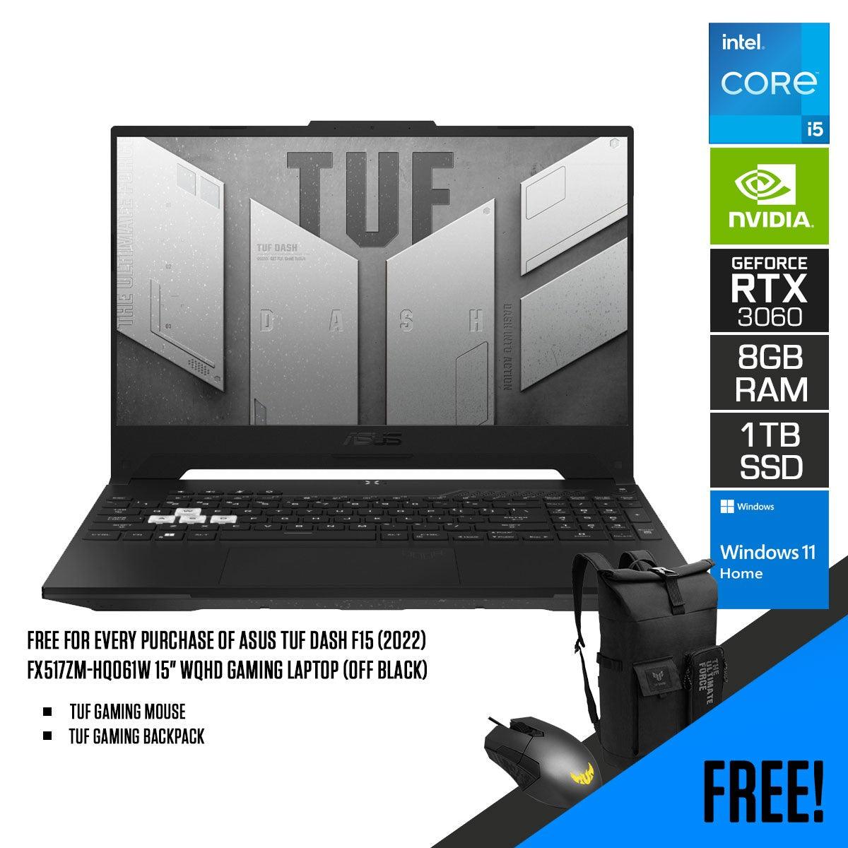 Asus TUF Dash F15 (2022) FX517ZM-HQ061W Gaming Laptop (Off Black) | 15.6” WQHD | i5-12450H | 8GB RAM | 1TB M.2 SSD | RTX 3060 | Windows 11 Home | TUF Gaming Backpack | TUF Gaming Mouse