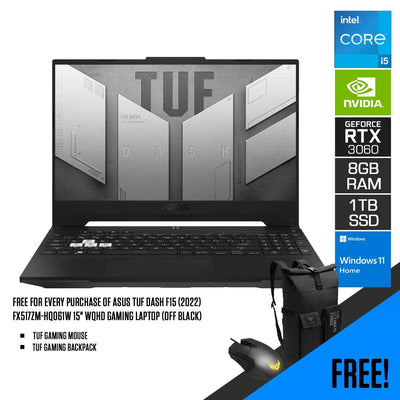 Asus TUF Dash F15 (2022) FX517ZM-HQ061W Gaming Laptop (Off Black) | 15.6” WQHD | i5-12450H | 8GB RAM | 1TB M.2 SSD | RTX 3060 | Windows 11 Home | TUF Gaming Backpack | TUF Gaming Mouse
