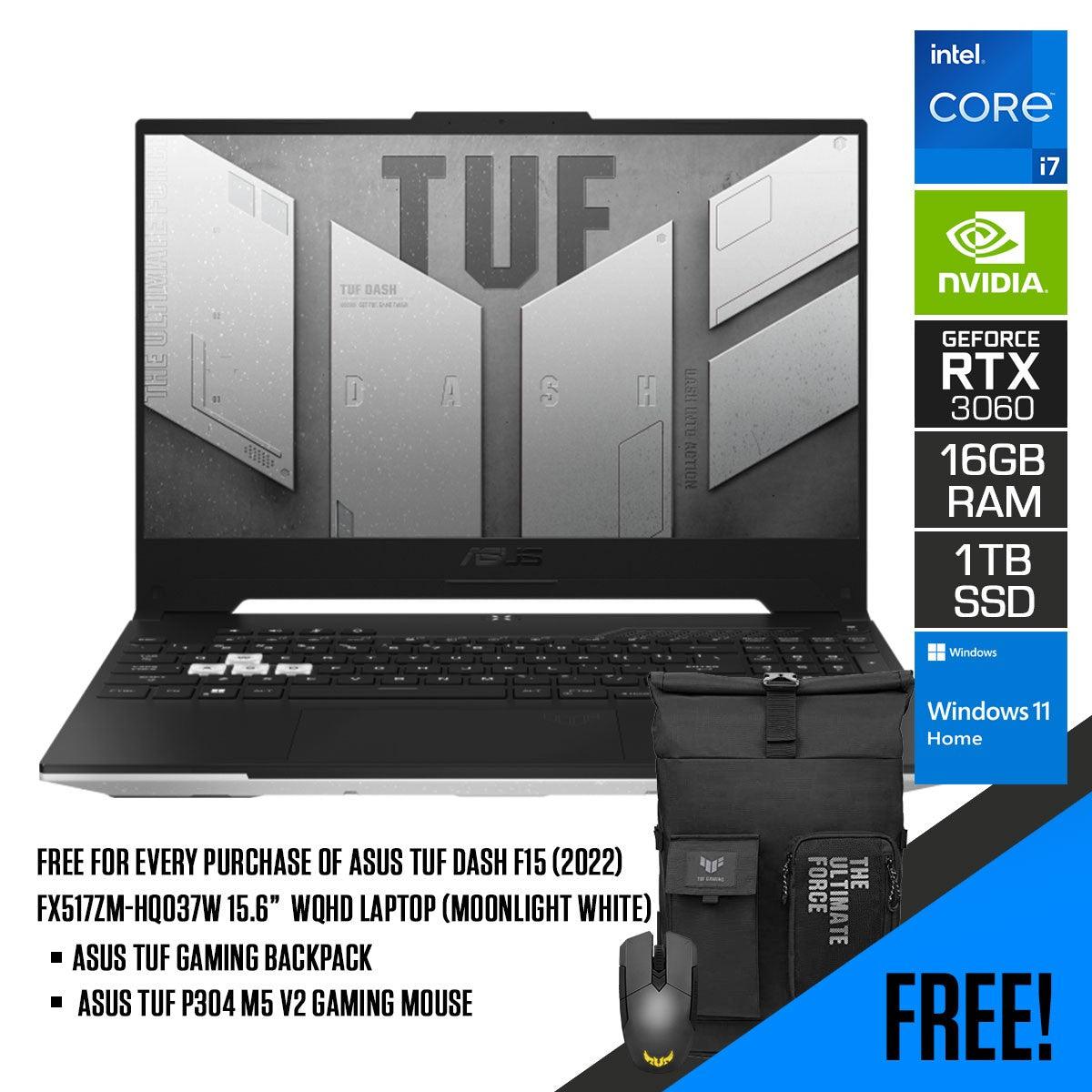 ASUS TUF Dash F15 (2022) FX517ZM-HQ037W Laptop (Moonlight White) | 15.6”  WQHD | i7-12650H | 16GB DDR5 | 1TB SSD | RTX™ 3060 | TUF Gaming Backpack | ASUS TUF P304 M5 V2 Gaming Mouse